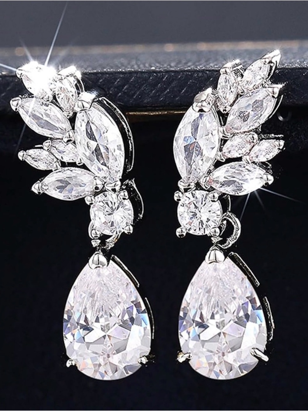 Sparkling Teardrop Crystal Drop Earrings - Clear Silver